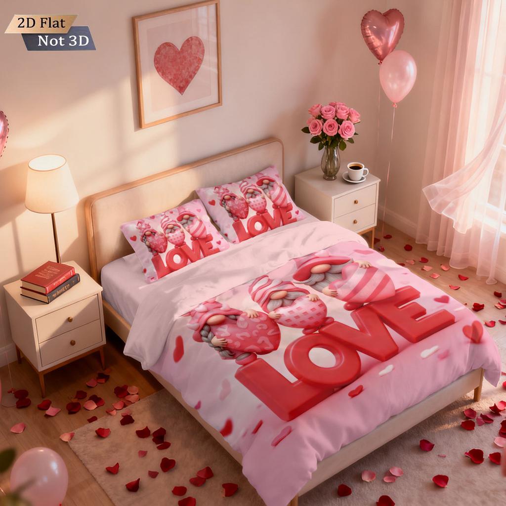 3pcs Valentine's Day Pink Romantic goblin love print coreless down duvet cover set multi size bedroom bedding holiday decoration