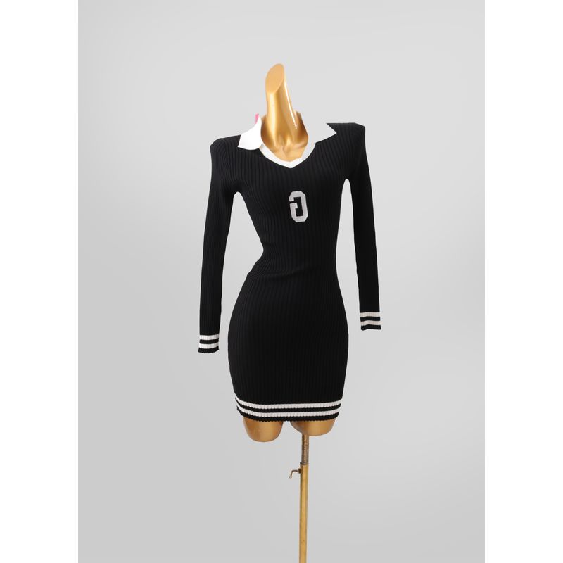 

Sexy Polo Collar Long Sleeves Dress Female Fall and Winter 2025 New Arrival Silm Slim Looking Rib High Elastic Knitted Hip Skirt Black L
