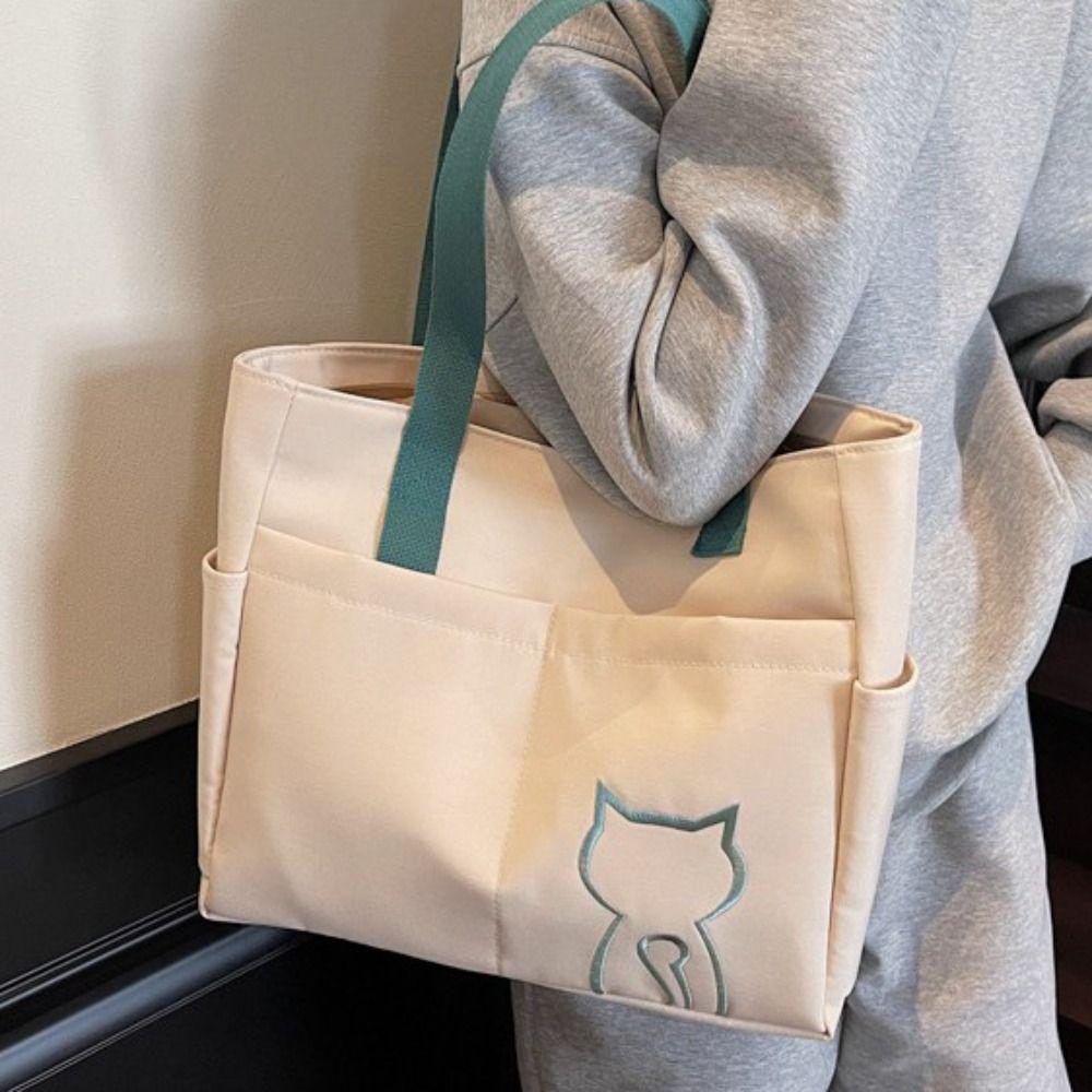Embroidery Cat Lightweight Eco Bag Casual Nylon Shoulder Bag Nylon Tote Bag  Student