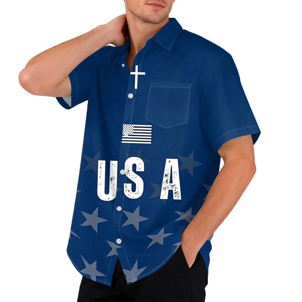 Men's Casual Printed Short Sleeve Open Front Cardigan, Independence Day Festival Tops