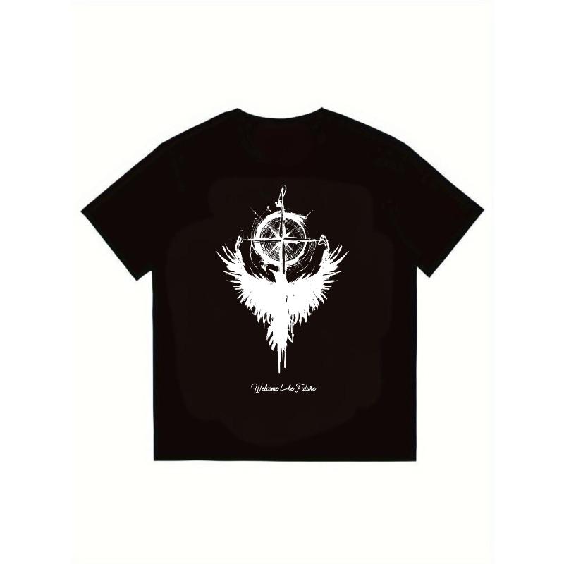 

Черная футболка с белыми крыльями ангела, дизайном компаса и текстом «Добро пожаловать в будущее» для повседневной уличной моды XXXXL чёрный