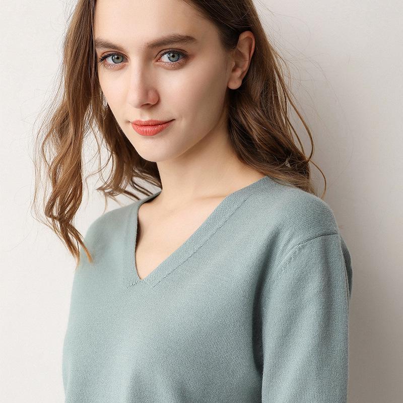 Leichter V-Ausschnitt Strickpullover - Damen einfarbiger Pullover für Frühling & Herbst