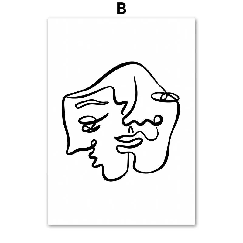 Abstraction-Woman Line Face Flower Leaves Canvas Painting, Color Block Wall Art, Posters and Prints, Pictures for Living Room De