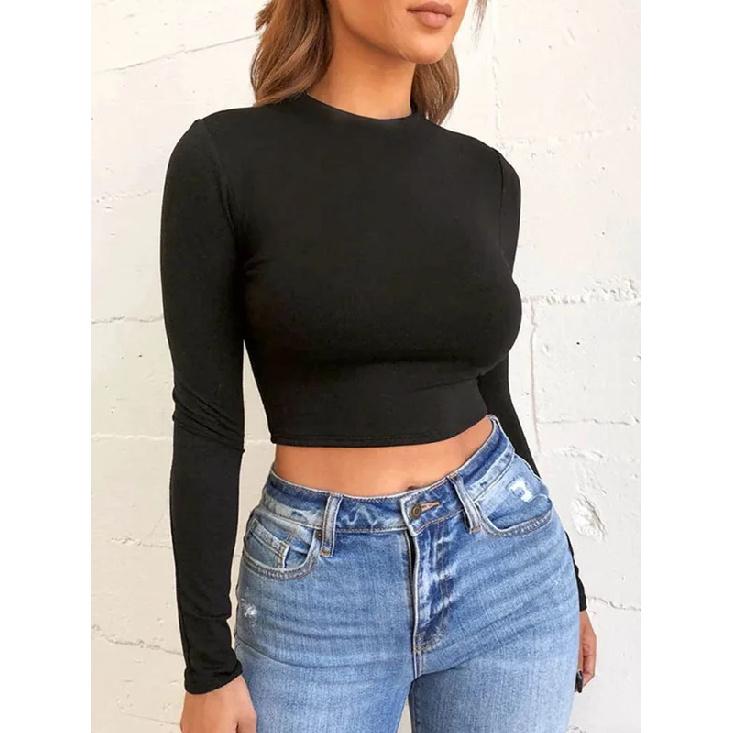 Solid Basic Long Sleeve Womens Tshirt Casual Black White Fashion Crop Top T Shirt Ladies Fashion Korean Tee Shirt