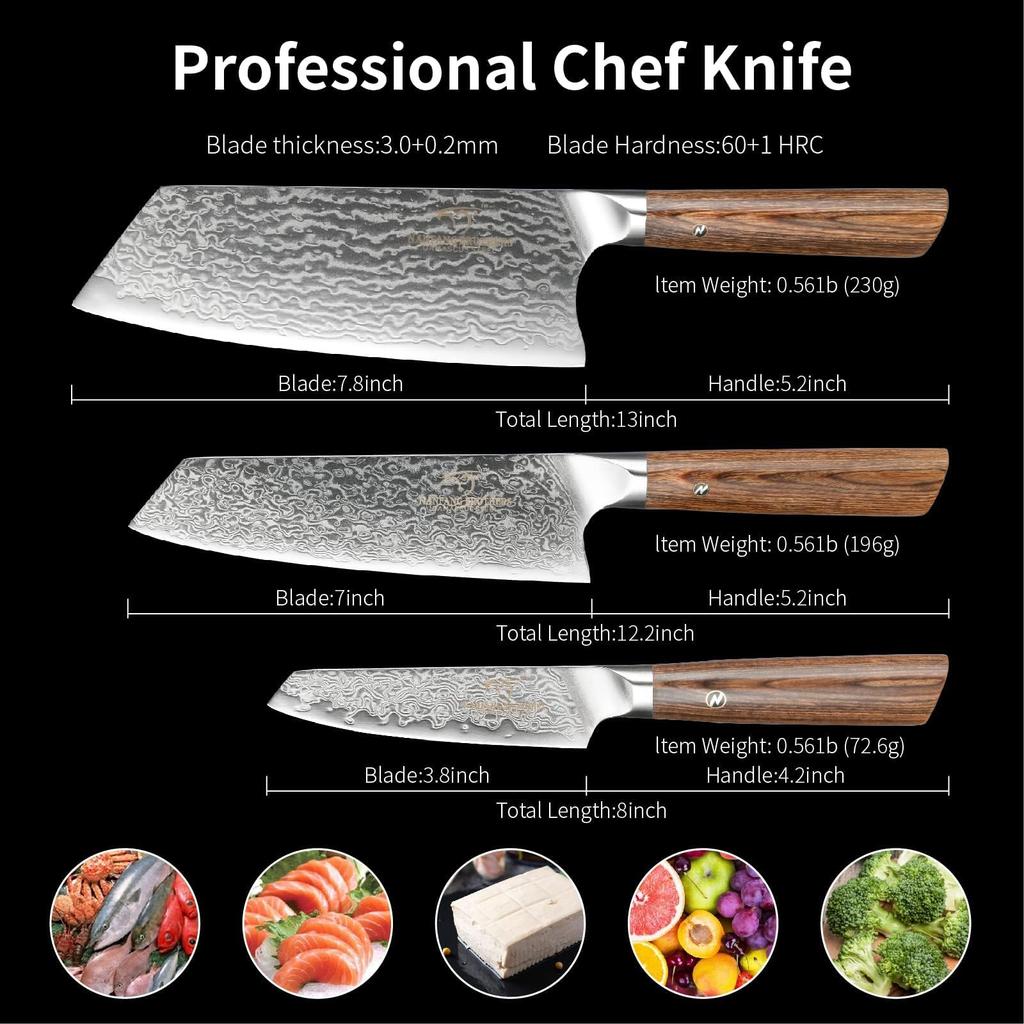 Cuțit VG10 Set de Cuțite din Oțel Damasc Cuțit de Legume și Fructe Tăietură Ascuțită Ideal pentru Uz Casnic și Cadouri Set de 3 Piese NANFANG BROTHERS (Santoku,