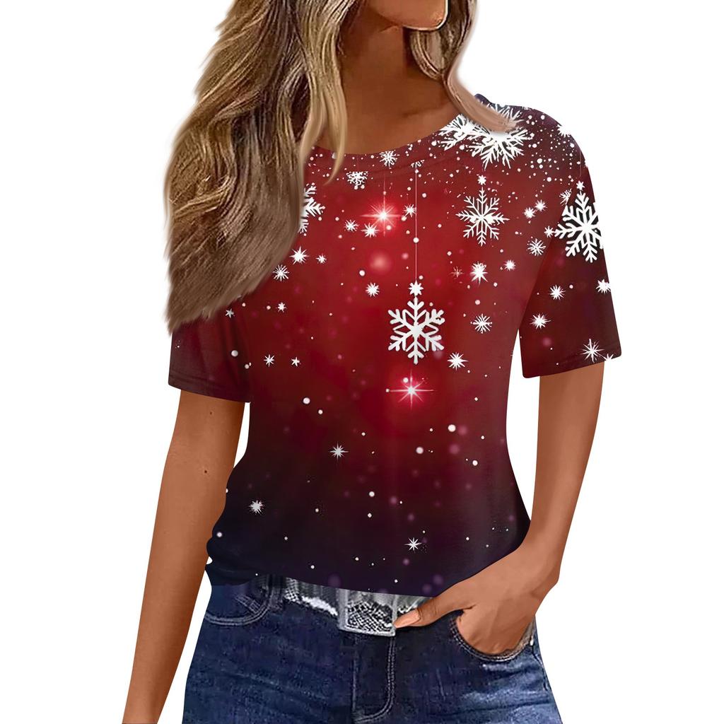 Women's Fashionable Casual Short Sleeve Christmas Print Round Neck Pullover Top