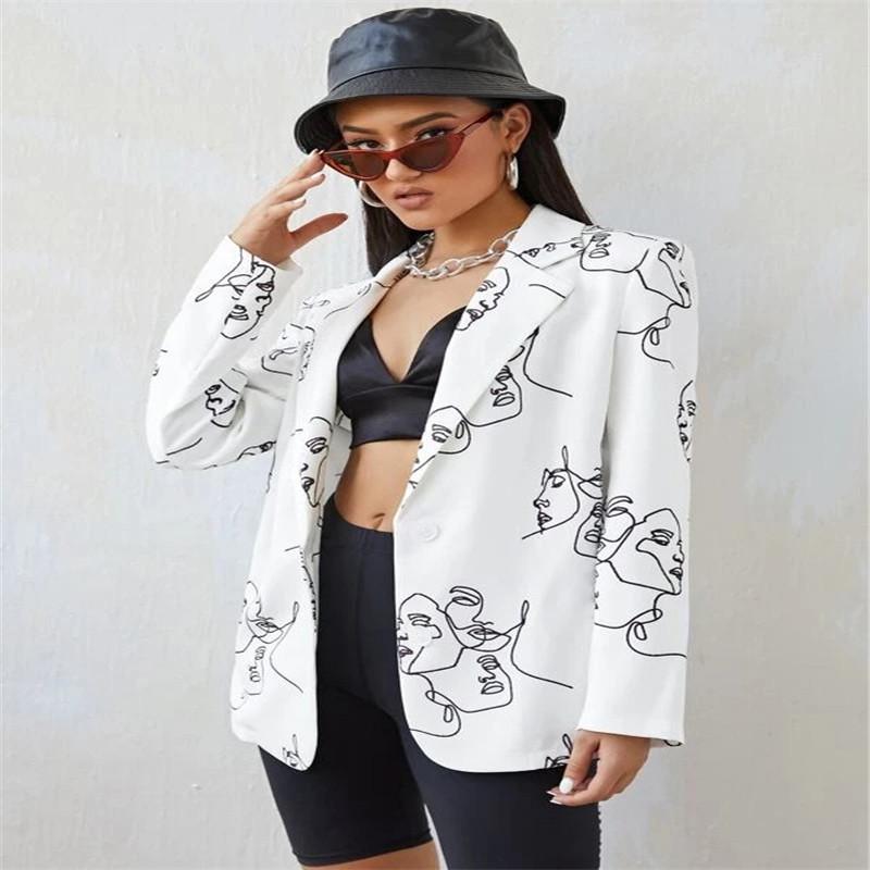 Vintage Letter Nepravidelný potisk Blazer Dámská bunda High Street Fashion Plus Size Elegantní Lady Coat Americký stylový