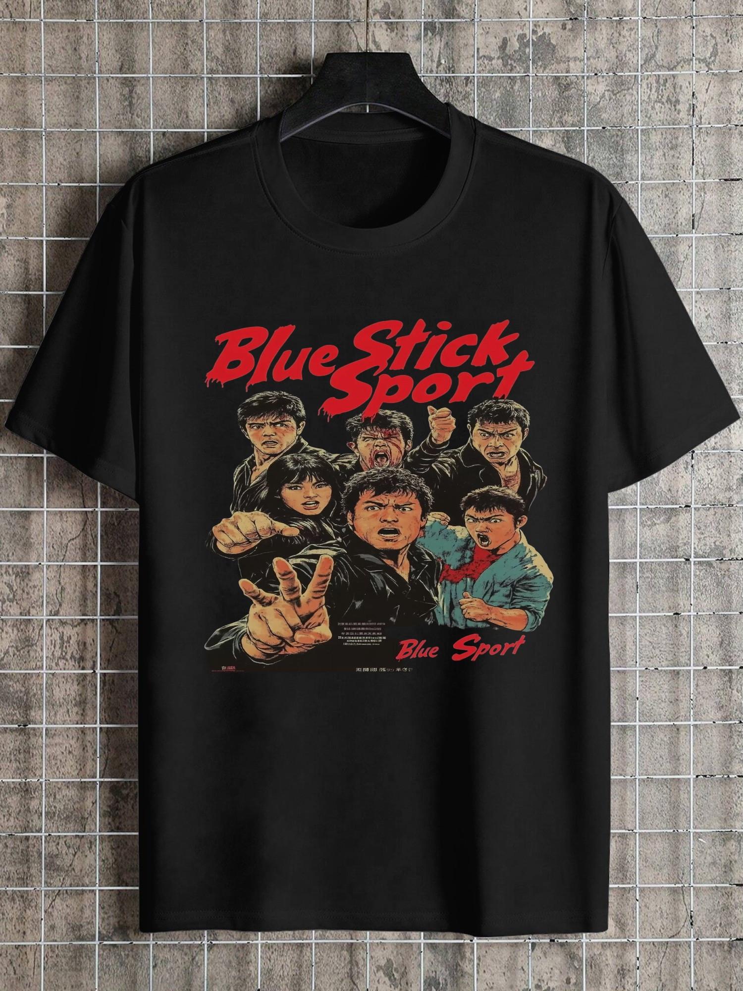 

1pc Blue Stick Sport Japanese Movie Poster Graphic T-shirt - 180gsm All-Season Cotton Crew Neck Short Sleeve Tee with Vibrant Red & White Print XL