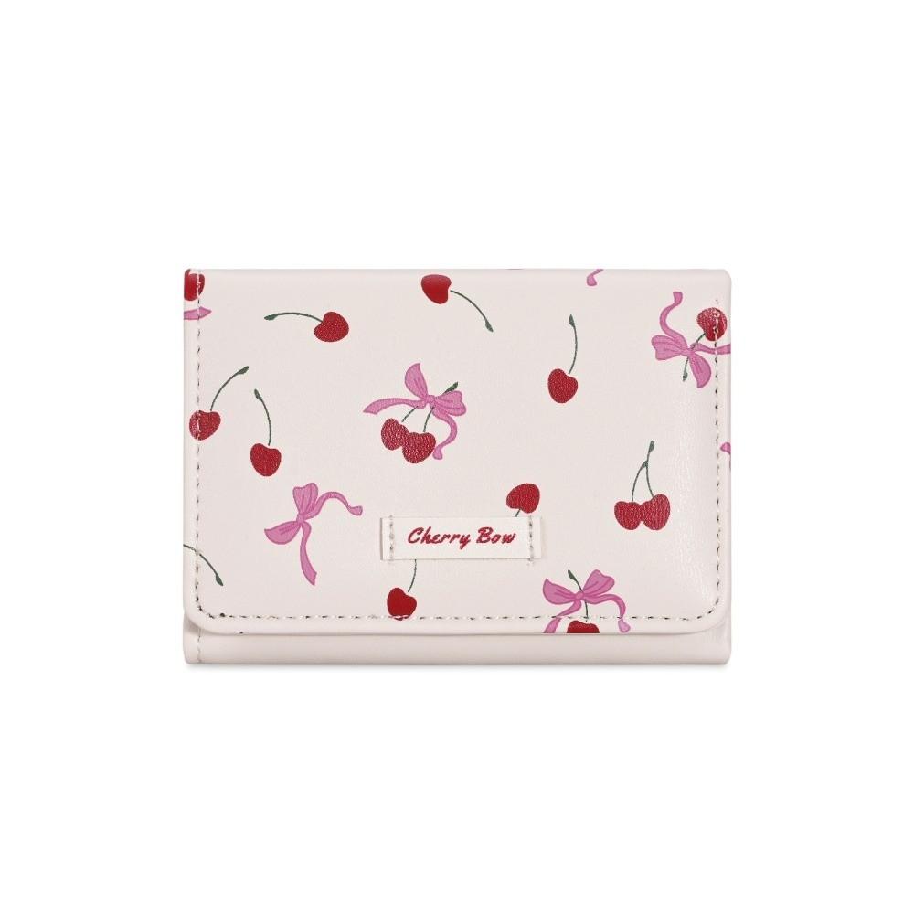 New Cherry Bow Printing Bow Printing Coin Purse Multi-Slot Tri-fold Short Wallet PU Leather Coin Pouch Women