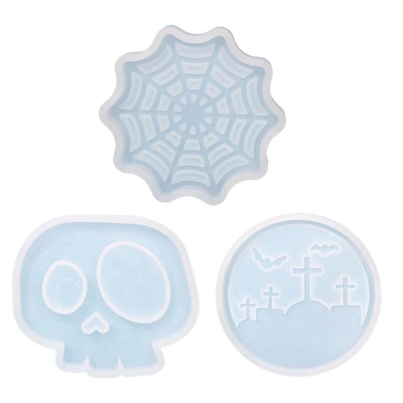 3pcs Silicone Molds For Epoxy Resin Coasters Skeleton Spider Web Cemetery Coaster Molds Easter Craft Home Halloween Decoration