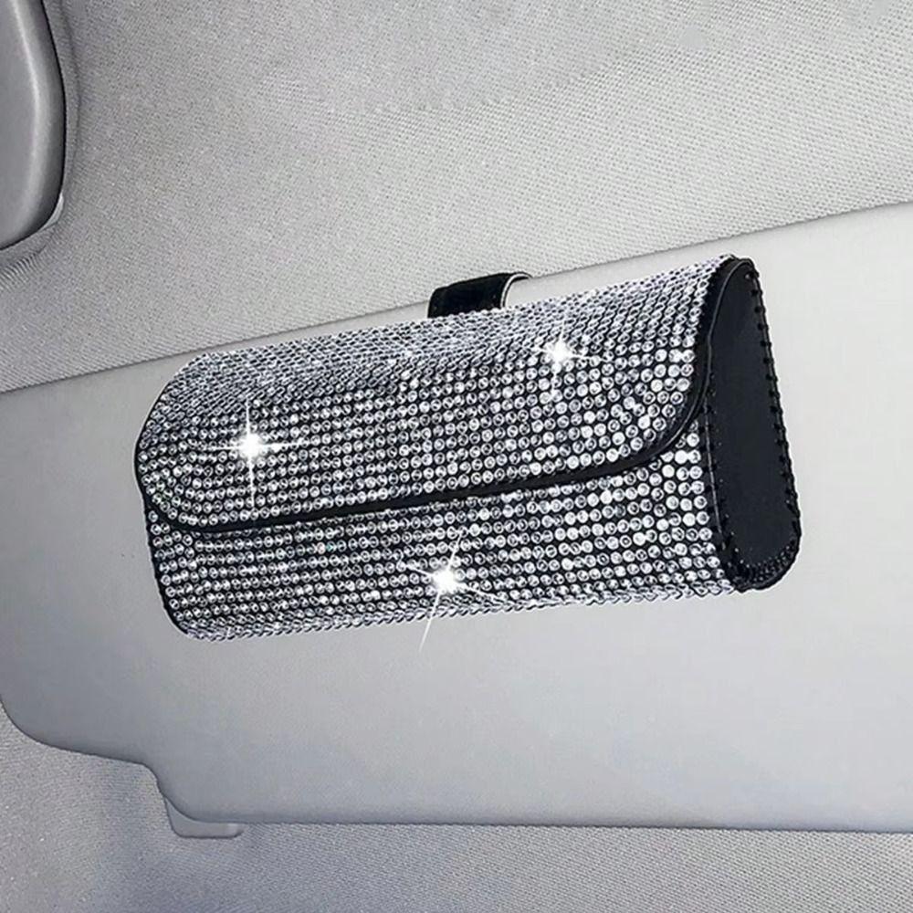 Luxury Car Eyeglasses Holder Rhinestone Sunglasses Storage Box Sun Visor Glasses Case  for Women