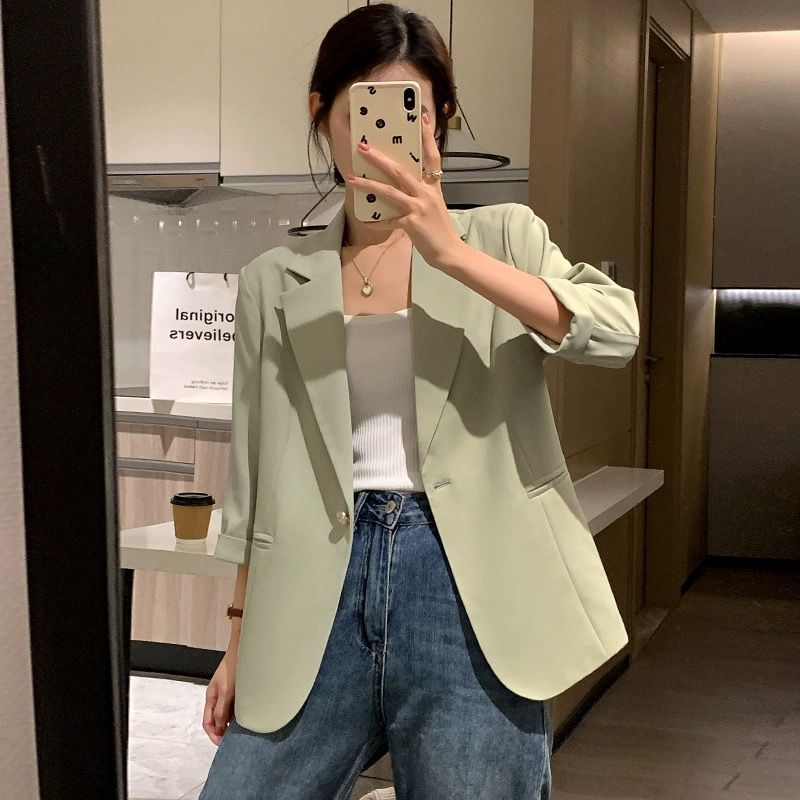 

Корейский стиль легкая роскошь весна и лето новый бежевый профессиональный повседневный костюм воротник плечо облегающий рукав три четверти костюм верхняя одежда тонкий Light green L