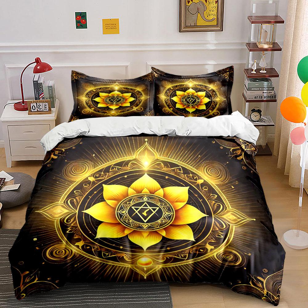 Golden Mandala Meditation Set Decor Bedding Set with 1 Duvet Cover 2 Pillowcases Single Double King Queen, Gift