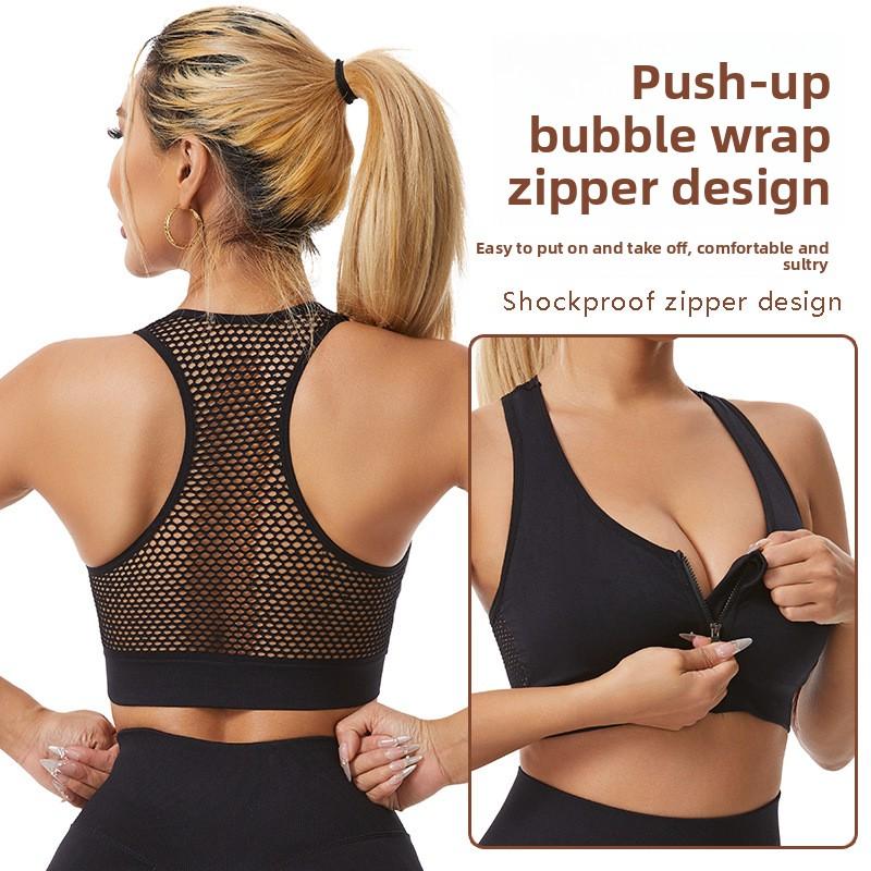Hul Mesh Front Glidelås Sportsundertøy Kvinner Støtsikker Tanktopp Løping Yoga Fitness BH Skjønnhetsrygg Samlende Stor Størrelse