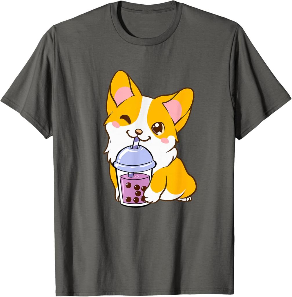 Kawaii Corgi Drinking Boba Tea Cute Dog Lover Graphic Tee Casual Short Sleeve T-Shirt