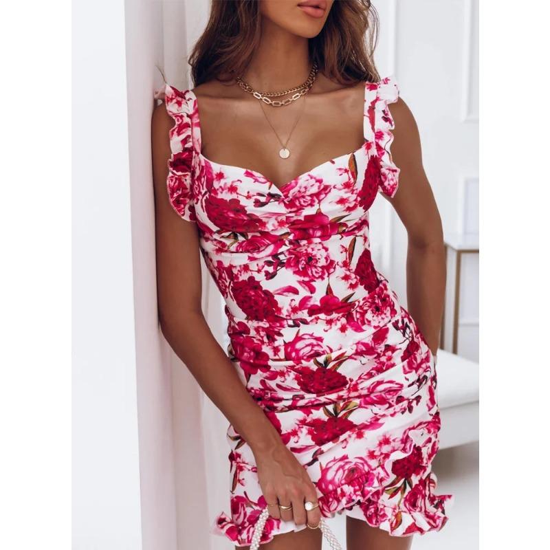 Wish summer ruffle edge sleeveless collar hip floral dress women