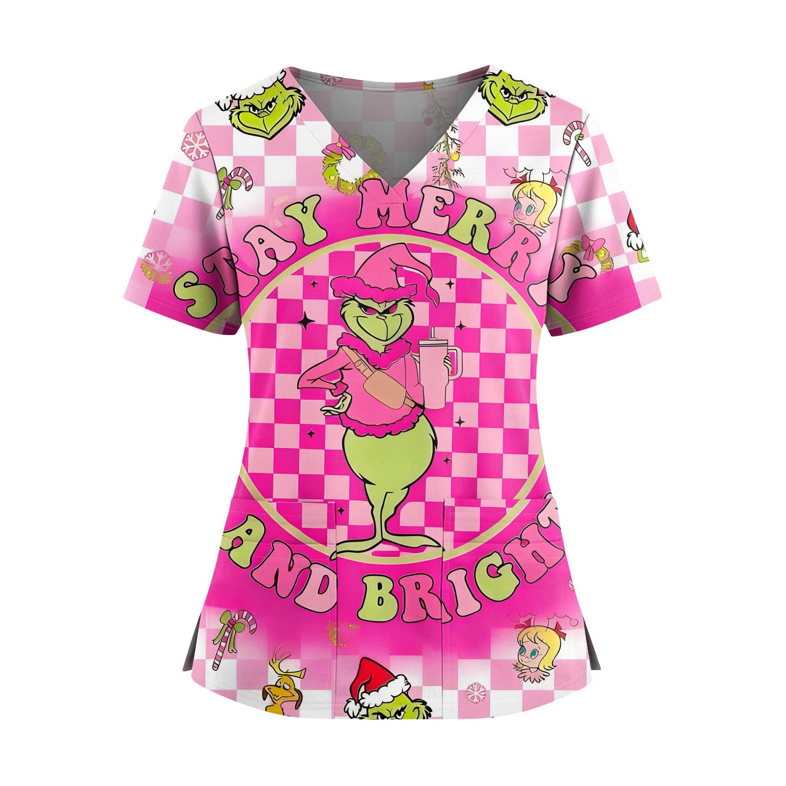 

Женский топ с V-образным вырезом, короткими рукавами, двумя карманами, рождественским принтом и разрезами по бокам. XXXXXL розовый