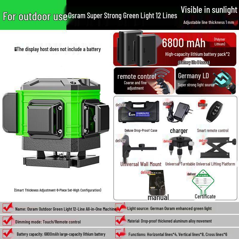 Germany High-Precision 16-Line Blue/Infrared Laser Level with 12 Green Lines