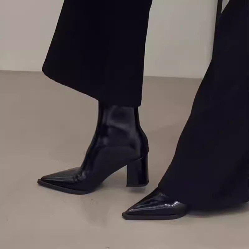 Women's Black Patent Leather Pointed Toe Ankle Boots with Chunky Heel and Back Zipper - New for Autumn/Winter 2025, High-End Martin Style.