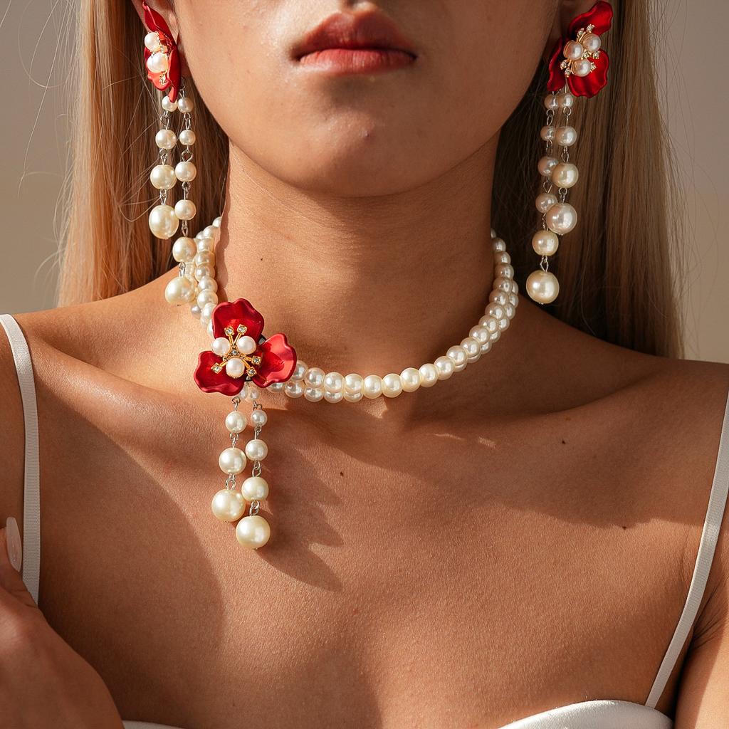 European and American Imitation Pearl Beaded Diamond Flower Double Layer Sweater Chain Retro Baroque Niche Necklace