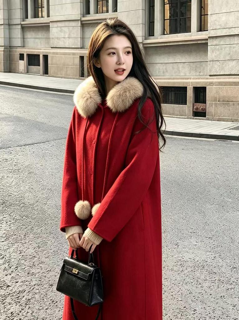 Korean Style Fox Fur Collar Wool Coat - Warm, Versatile, and Stylish.