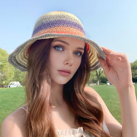 Straw Hat Rainbow Design Foldable Lightweight Breathable Sun Protection Hat Outdoor Activities Beach Travel Casual Wear