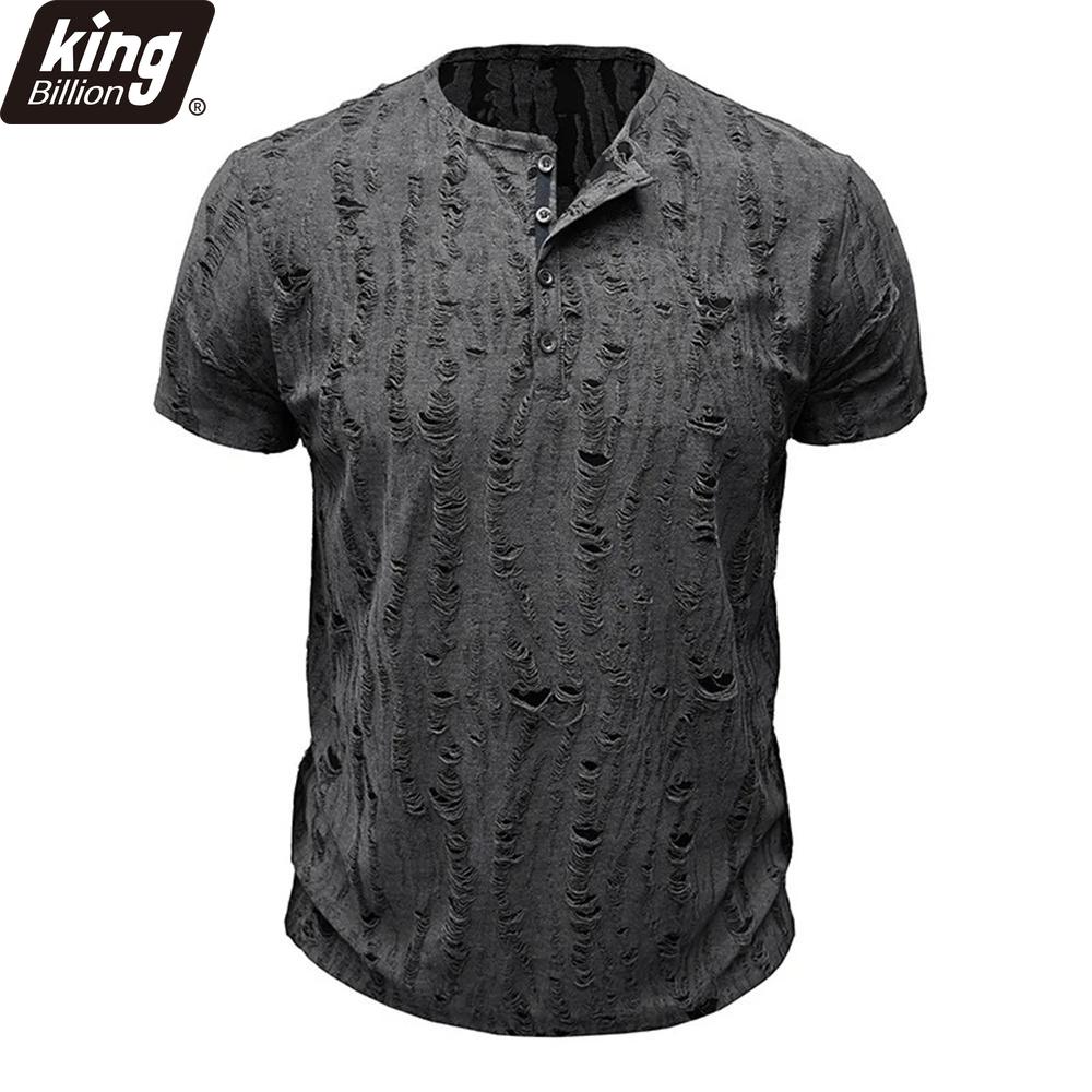 Men's Short-sleeved T-shirt Broken Holes Retro Men's Fashion Henley Shirt Men's Casual Fashion Tops Slim Fit