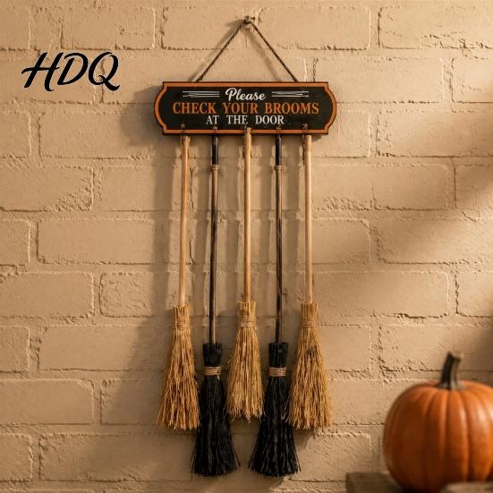 Seasonal Yard Sign Decor Halloween Broom Parking Sign Check Your Brooms Wooden Wall Hanging Witch Themed Door with Hooks for Indoor Outdoor