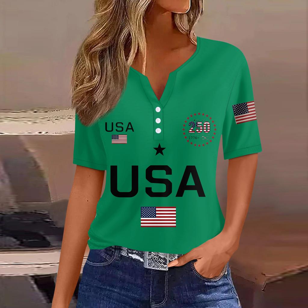 Damen-T-Shirt mit Aufdruck „Unabhängigkeitstag“ und Knopfleiste, kurzärmelig, für den Alltag und das Wochenende, modisch, Basic, V-Ausschnitt, normales Oberteil
