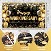 Happy Work Anniversary Decorations Black Gold Happy Workiversary Banner Honeycomb Centerpieces Hanging Swirls Tissue Paper Pompoms Sash Set for