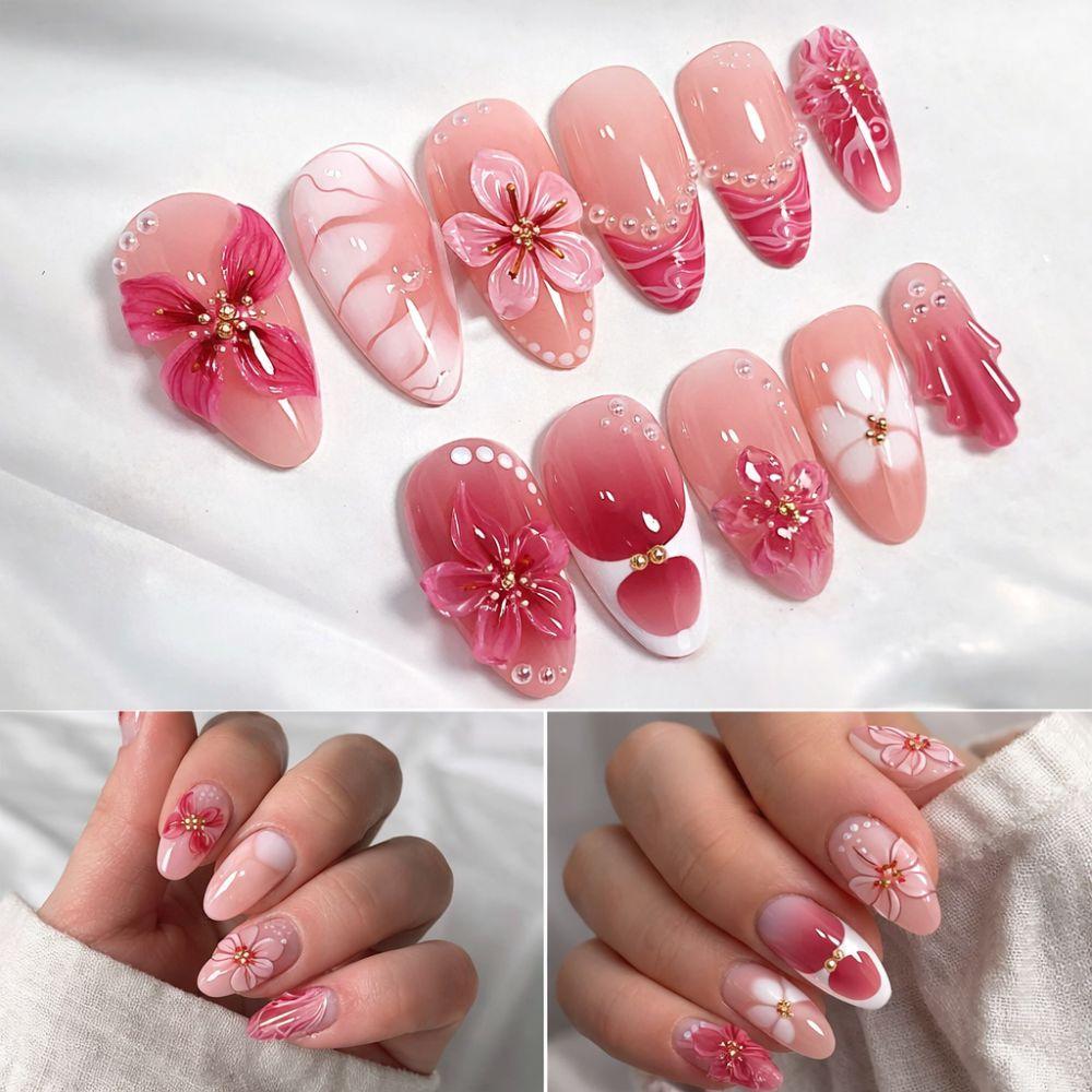3D Flower Press-on Nails Almond-shaped Exquisite Artificial Nail Tips Reusable Gradient Pink Gel Fake Nails Women and Girls
