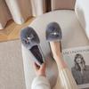 Fashion Winter Rabbit Fur Shoes Women Pearl Crystal Buckle Cotton Flats Woman Furry Loafers Antiskid Warm Plush Moccasins Big Size 34-43