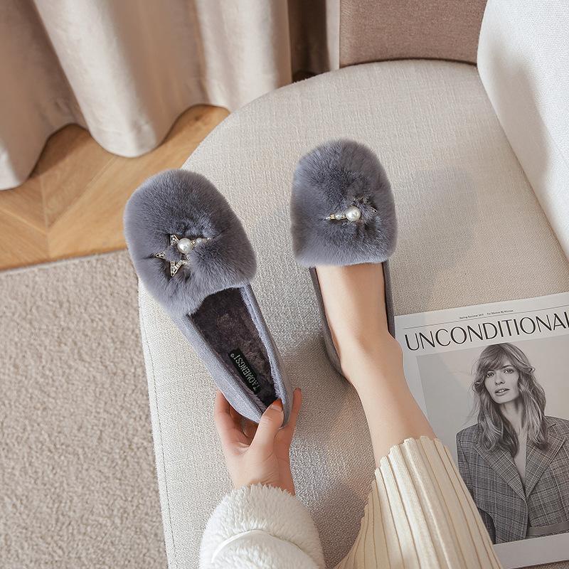 Fashion Winter Rabbit Fur Shoes Women Pearl Crystal Buckle Cotton Flats Woman Furry Loafers Antiskid Warm Plush Moccasins Big Size 34-43