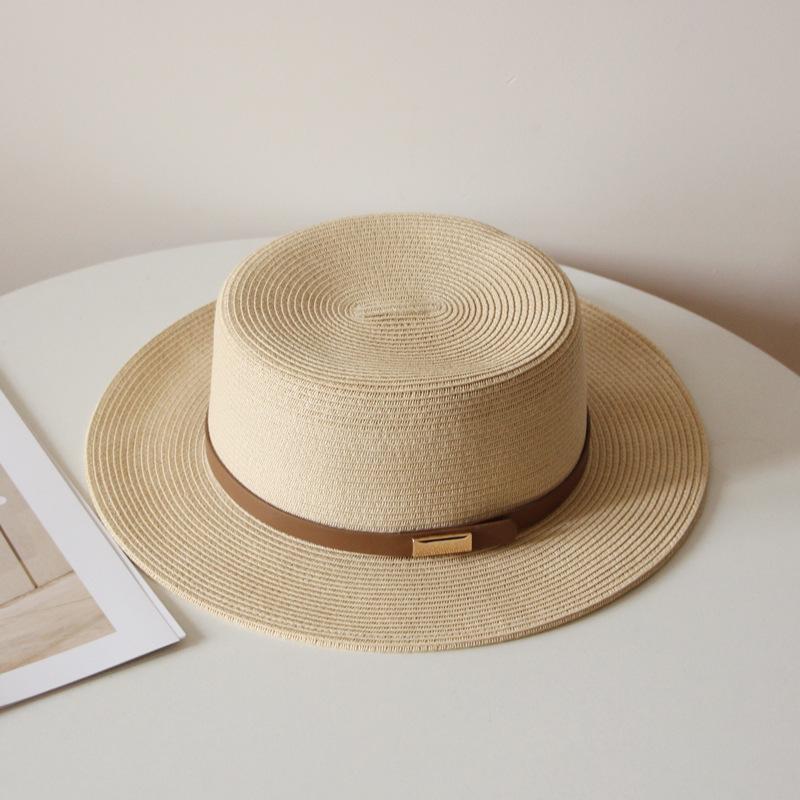 Panama Straw Hat Women's Summer Seaside Sunshade Sun Protection Beach Hat Belt Big Brim Flat Top Straw Top Hat Jazz Hat