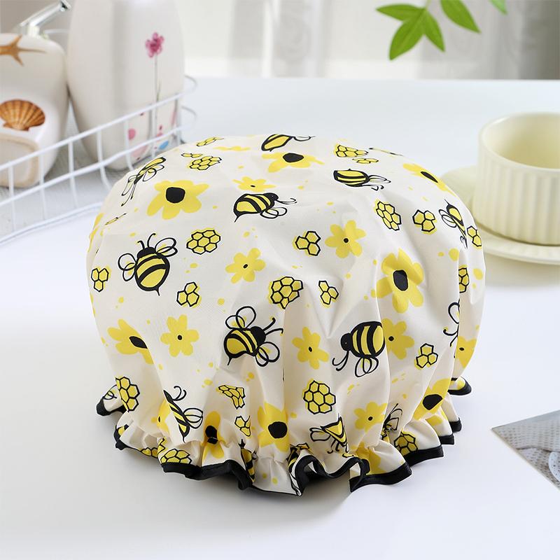 Flower Pattern Double Layer Shower Cap Waterproof Reusable Printed Bath Hair Bonnet For Women Ladies Spa Salon Home Travel Use