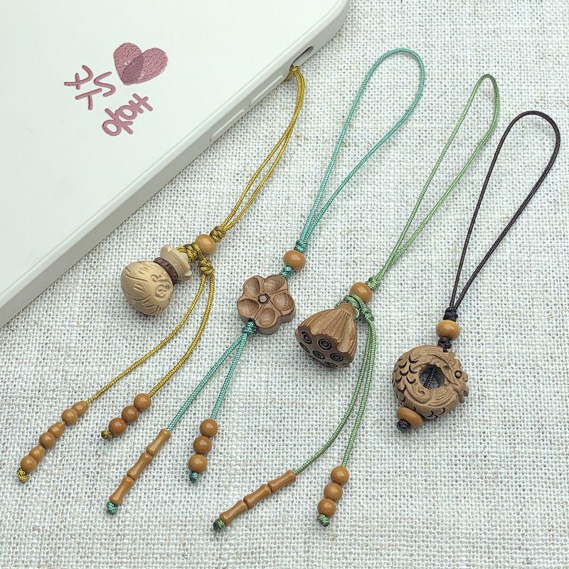 Peach Wood Lotus Plum Blossom Charm Keychain: Ancient-Style Pendant for Men & Women with Silk Flowers