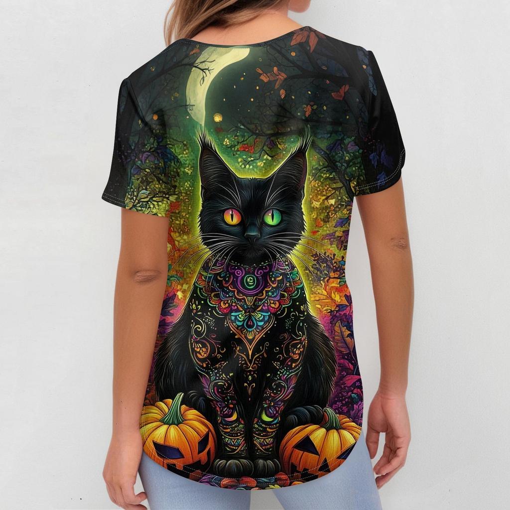 Women's V-neck Halloween Printed Short-sleeved Pocket Side-slit Protective Suit Top