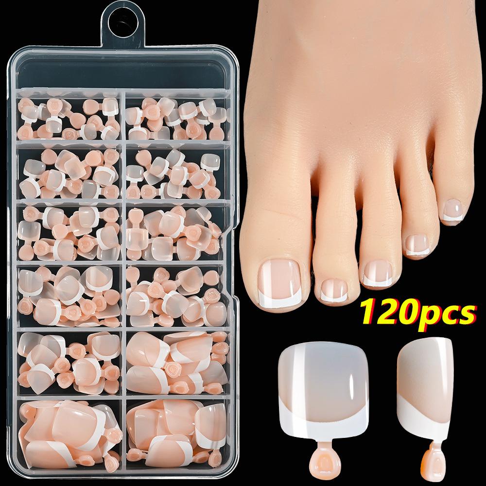 

120 Pieces French White Edge Foot Nail Piece False Nail Toenail Nude Pink Full Sticker Square Short Premium Foot Nail Piece 120 tablets box