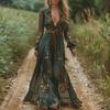 Damen Langarm Print Langes Kleid Hemdkragen Kleid Langes Kleid