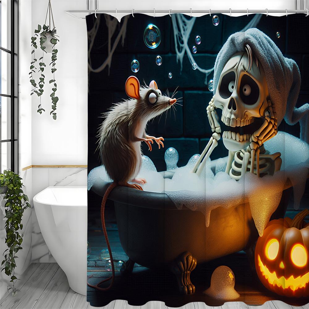 Halloween Skelett Badewanne Maus Duschvorhang, Badezimmer Dekorativer Duschvorhang, Wasserdichter Duschvorhang mit Haken