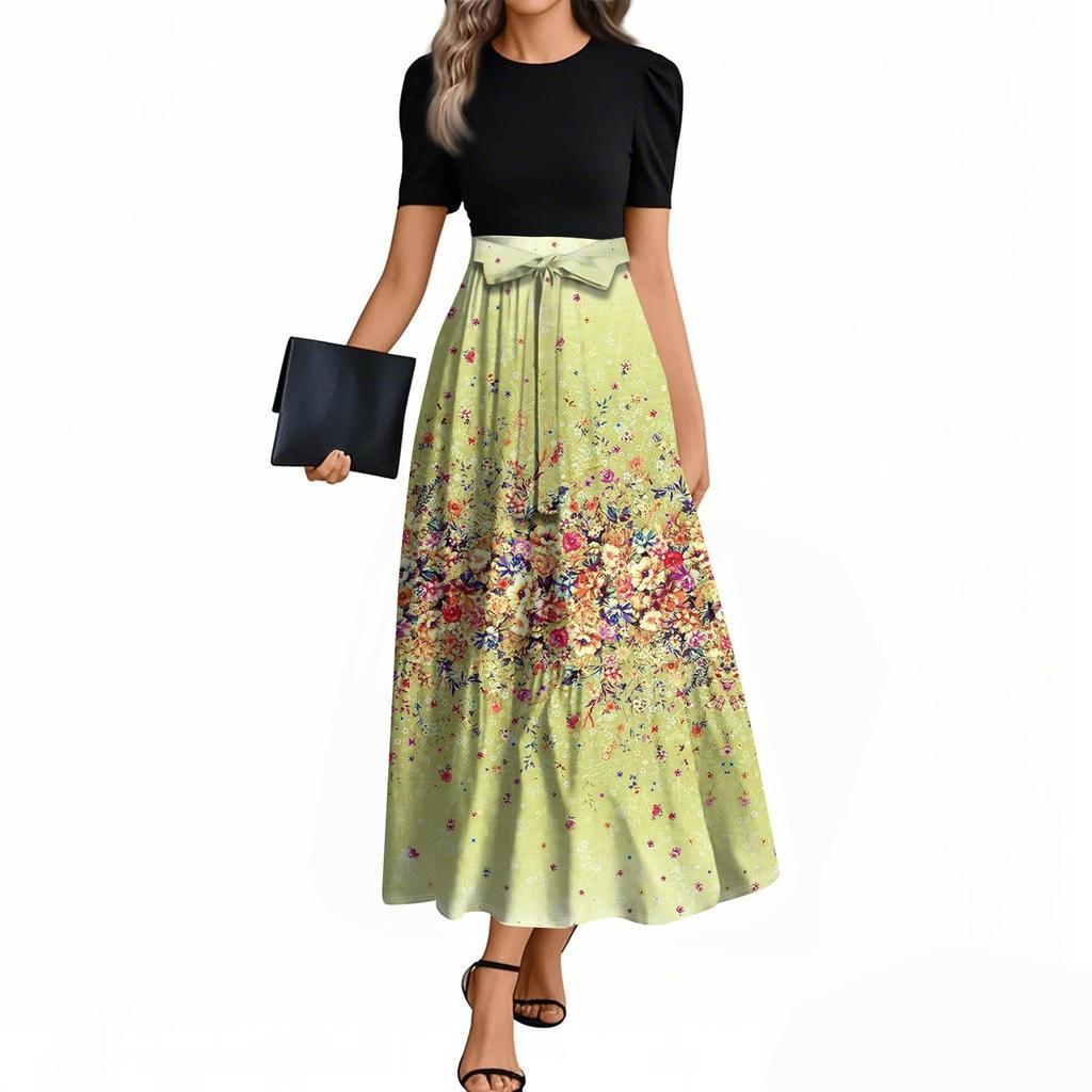 Women's Floral Print High Waist Fashionable And Elegant Dress