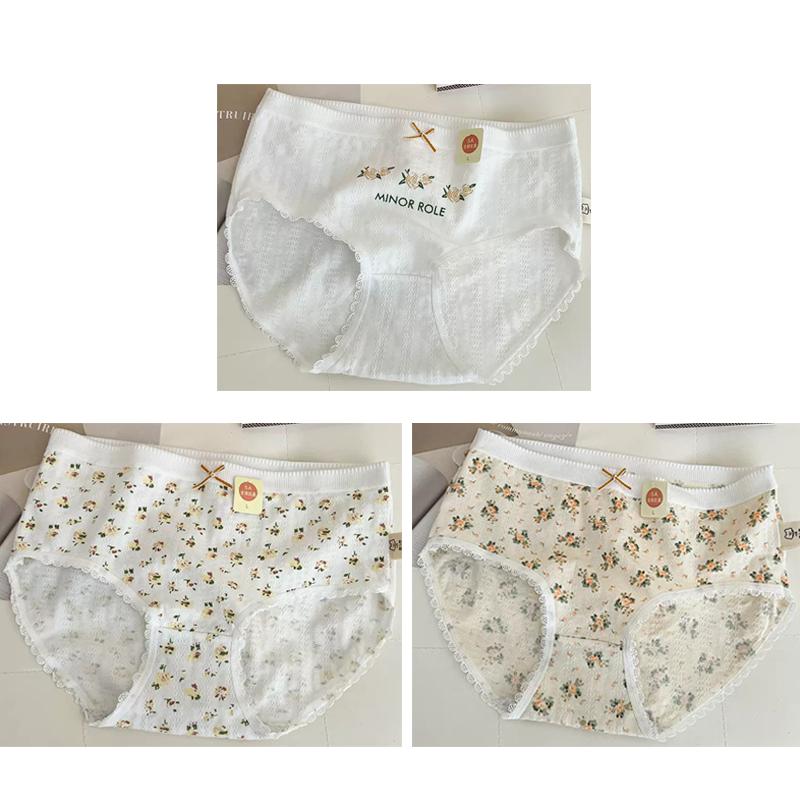 

3 шт. Хлопковые женские трусики с цветочным принтом, подростковое нижнее белье средней посадки, модные трусики для девочек, дышащие трусики, студенческое мягкое нижнее белье L (50-60kg)&3pcs