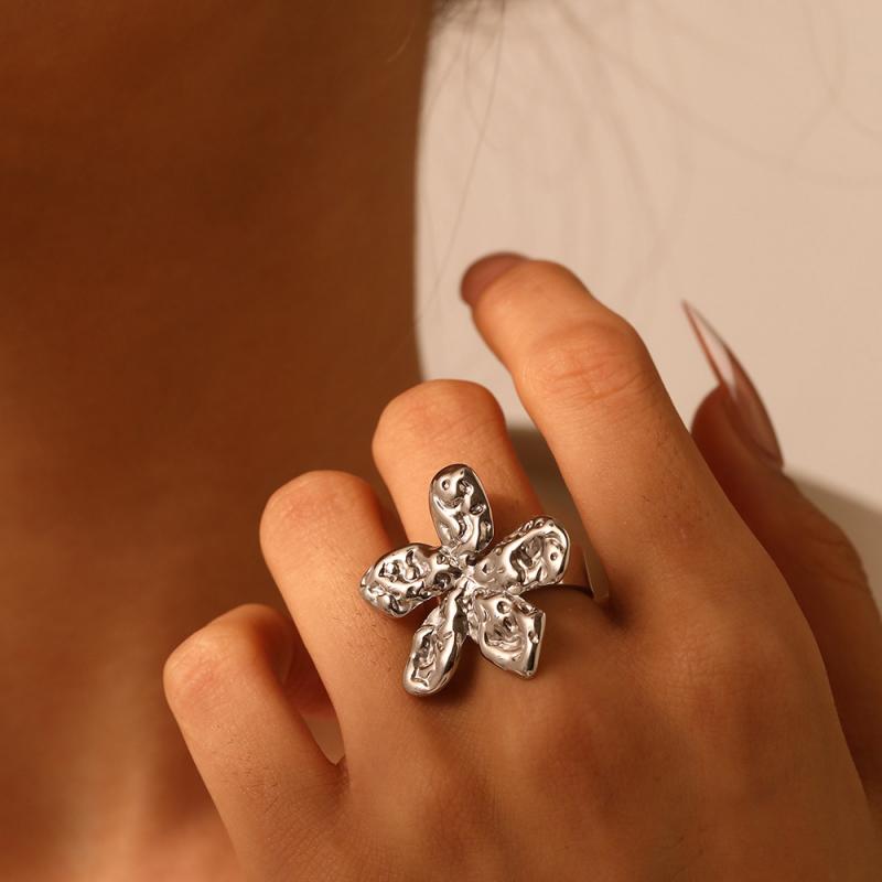 Stainless Steel Gold Color Flower Rings for Women Men Geometric Irregular Texture Opening Adjustable Finger Rings Jewelry Gifts