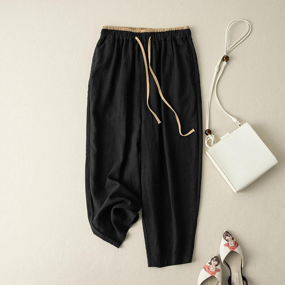 Pantalones de Lino y Algodón Vintage de Cintura Alta con Diseño para Mujer, Pantalones Casuales Sueltos y con Caída para el Trabajo