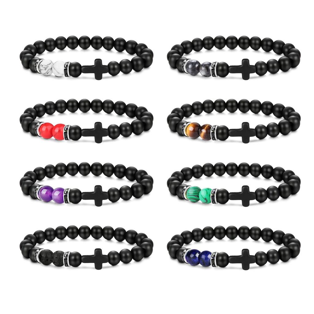 New Retro Cross Natural Stone Bracelet Tiger Eye Stone Lava Volcanic Stone Elastic Bead Men's Bracelet
