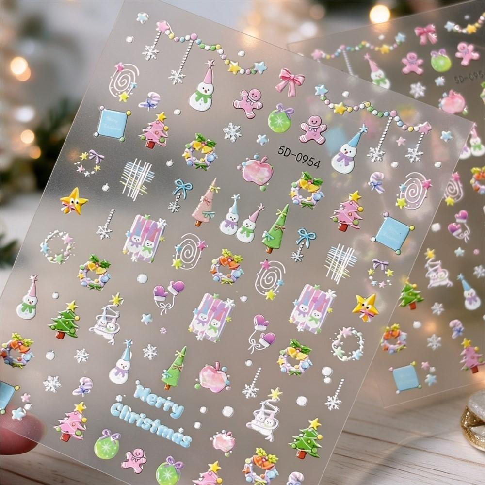 1Pcs 5D Cute Pink Apple Christmas Tree Snowman Nail Stickers Christmas Wreath Lights Nail Decals Adhesive New Year Nail Decor 9@