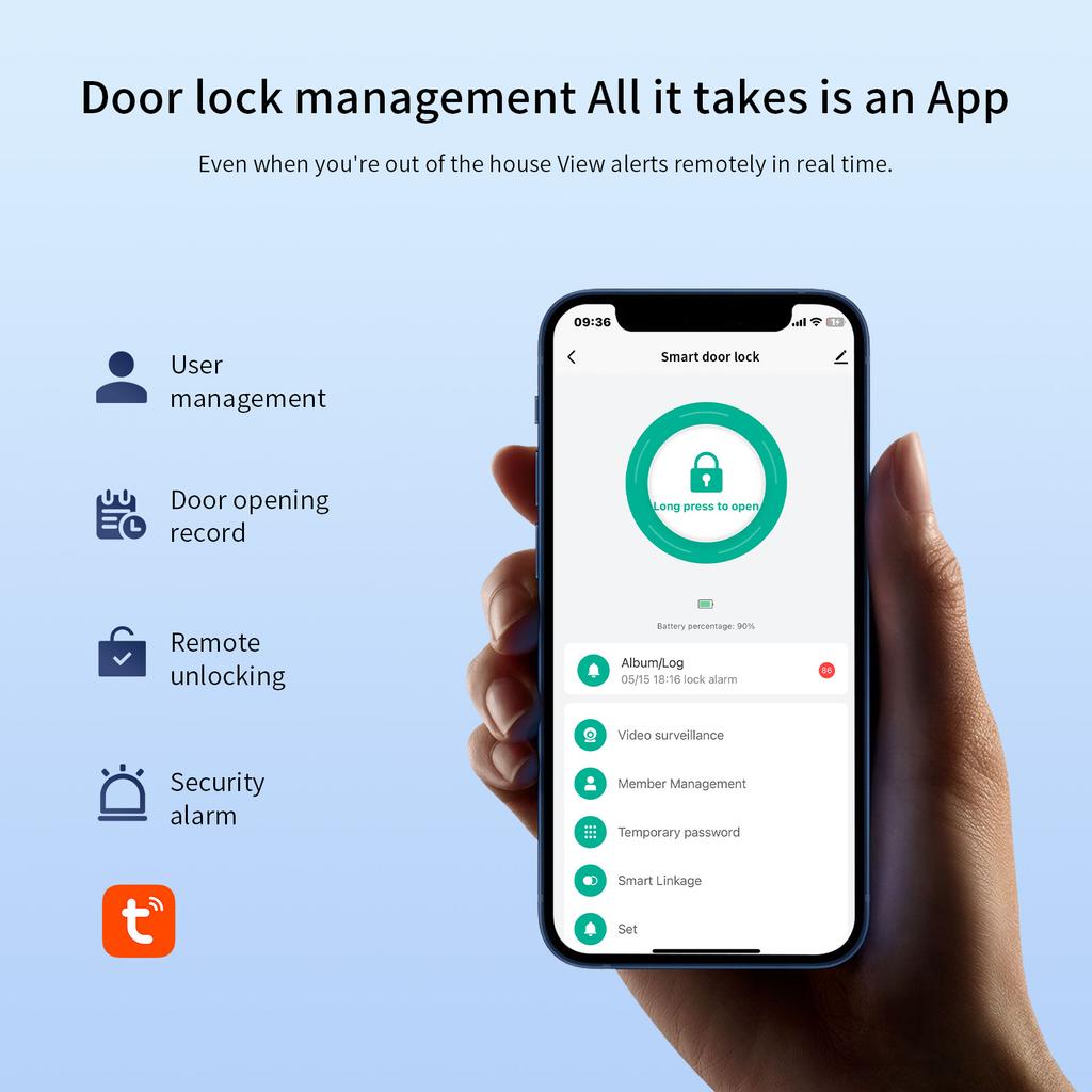 Smart Lock with Camera 4.5 Inch Screen BT Keyless Entry Door Lock APP Fingerprint Password Card Mechanical Key