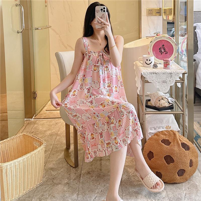 Cotton Nightdress Women'S Summer Thin Pajamasspring And Autumn Cotton Korean Cute Casual Print Dress Loungewear