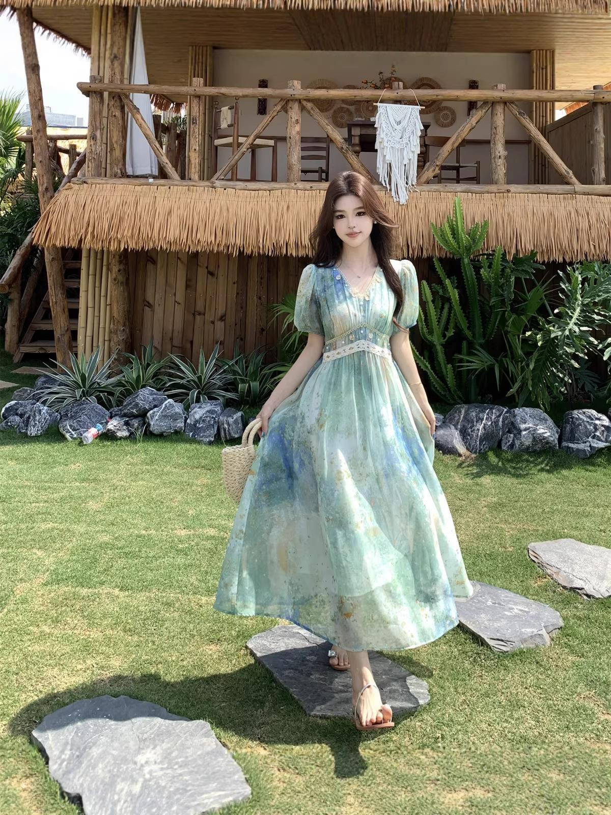 Plus Size Green Watercolor Splatter Dress – Women s Summer 2026 Bohemian Beach Vacation Dress XL