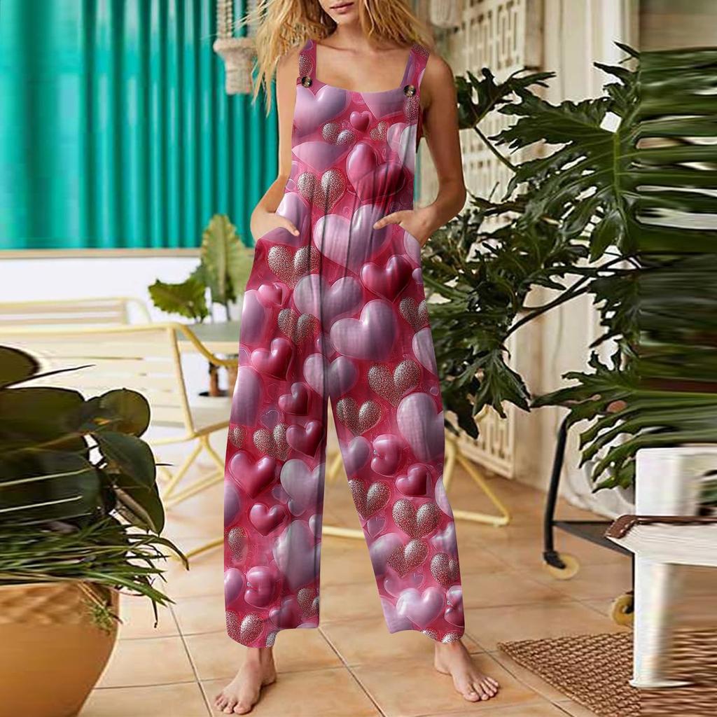 Women's Casual Jumpsuit Valentine's Day Heart Printed Cotton Jumpsuit